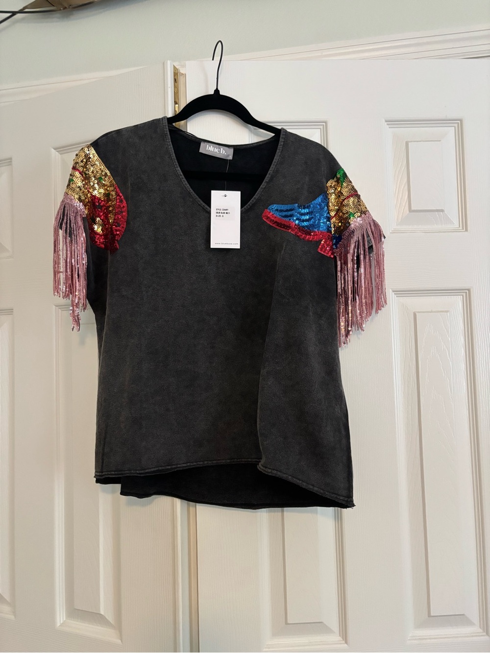 Blue B. Sequin Fringe Gray Short Sleeve Sweatshirt